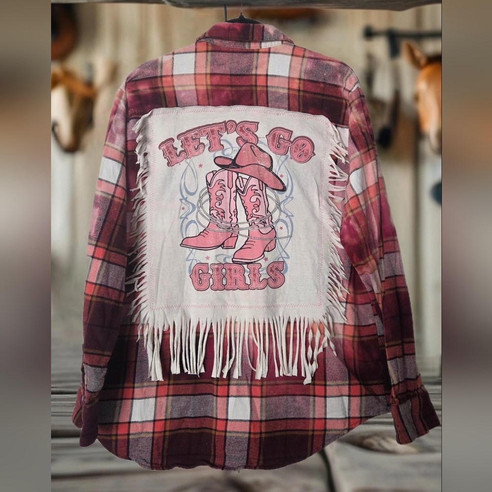 Upcycled Pink LETS GO GIRLS country Bachelorette Party Plaid Fringe Shirt